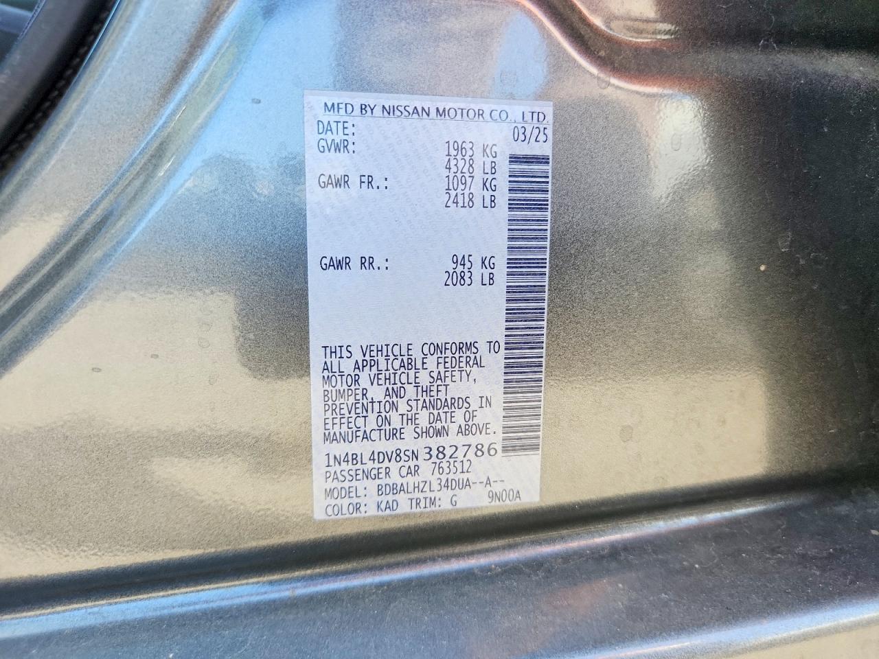 2025 Nissan Altima Sv Gray vin: 1N4BL4DV8SN382786