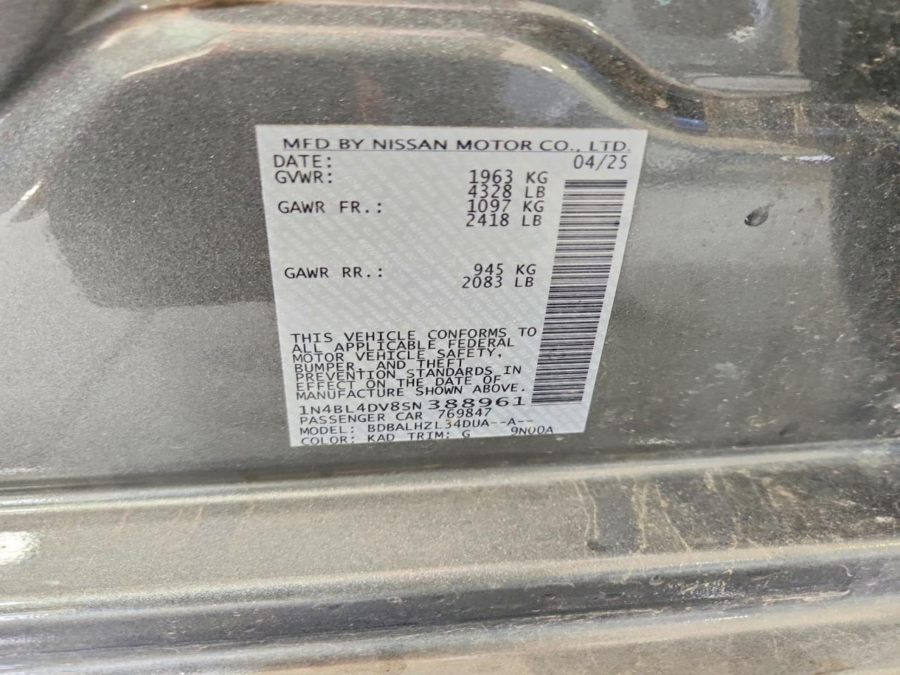 2025 Nissan Altima Sv Gray vin: 1N4BL4DV8SN388961