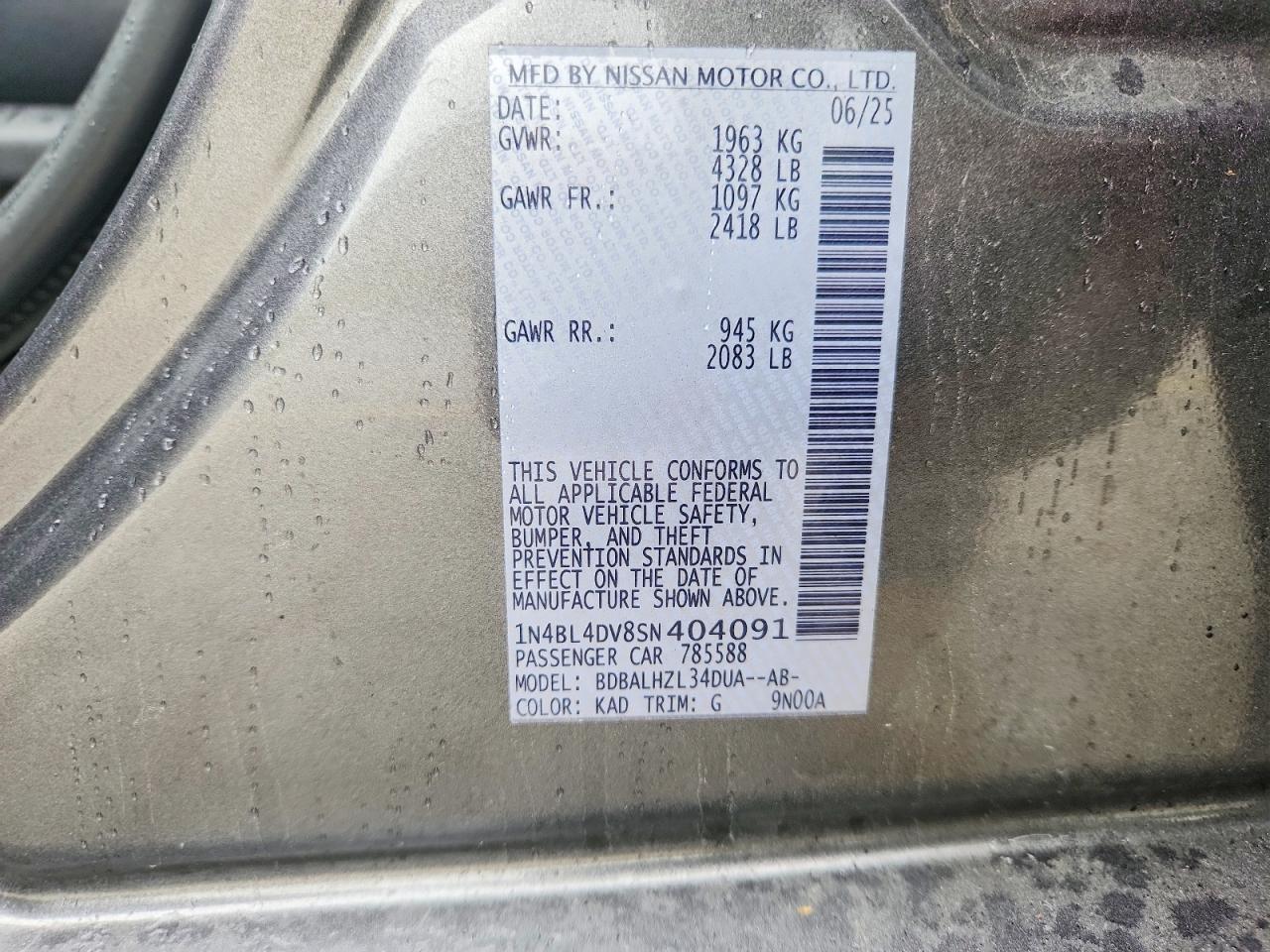 2025 Nissan Altima Sv Gray vin: 1N4BL4DV8SN404091