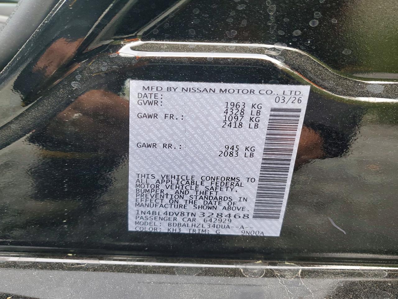 2026 Nissan Altima Sv Черный vin: 1N4BL4DV8TN328468