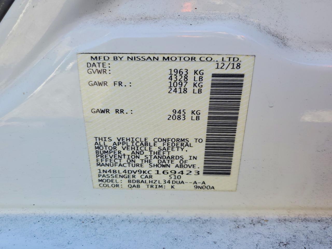 2019 Nissan Altima Sv White vin: 1N4BL4DV9KC169423