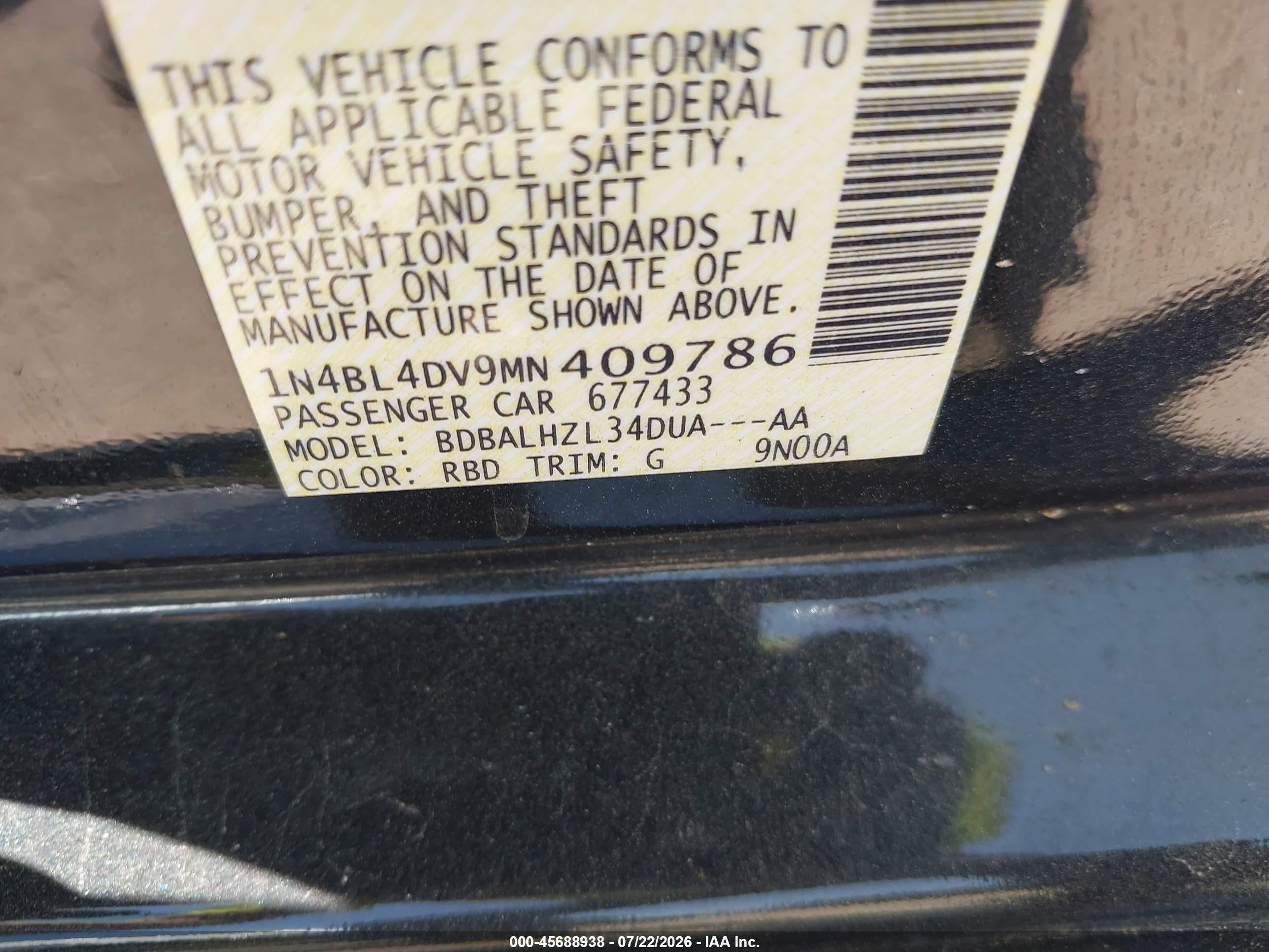 2021 Nissan Altima Sv Fwd Black vin: 1N4BL4DV9MN409786
