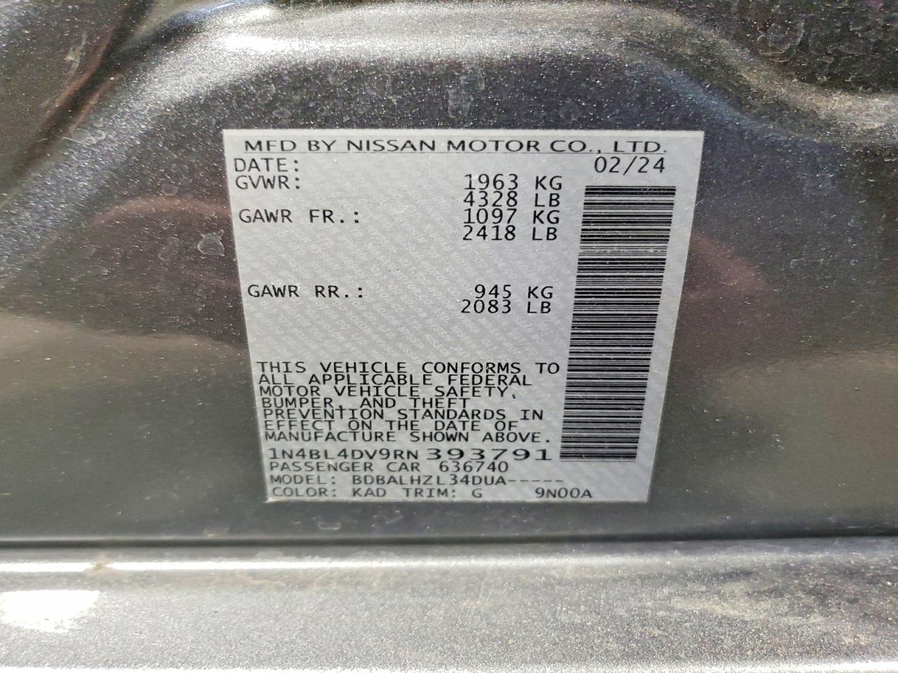 2024 Nissan Altima 2.5 Sv Серый vin: 1N4BL4DV9RN393791