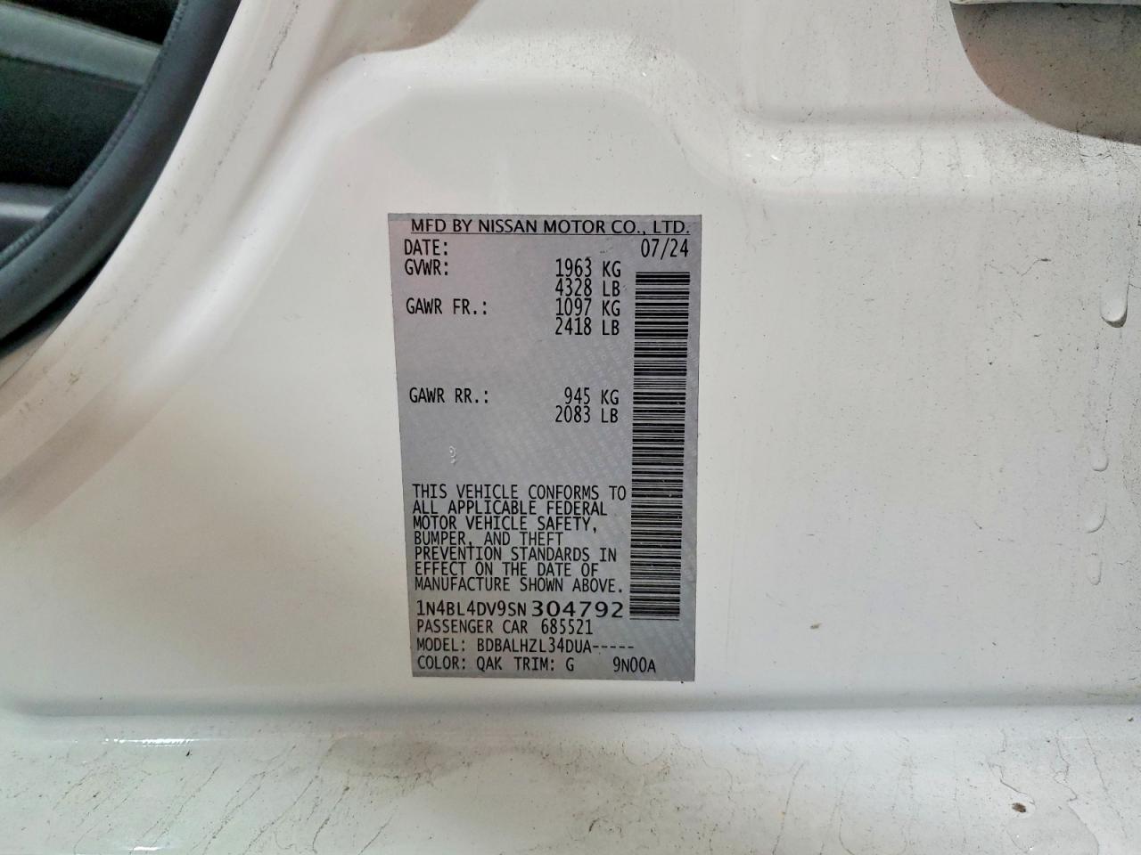 2025 Nissan Altima Sv White vin: 1N4BL4DV9SN304792