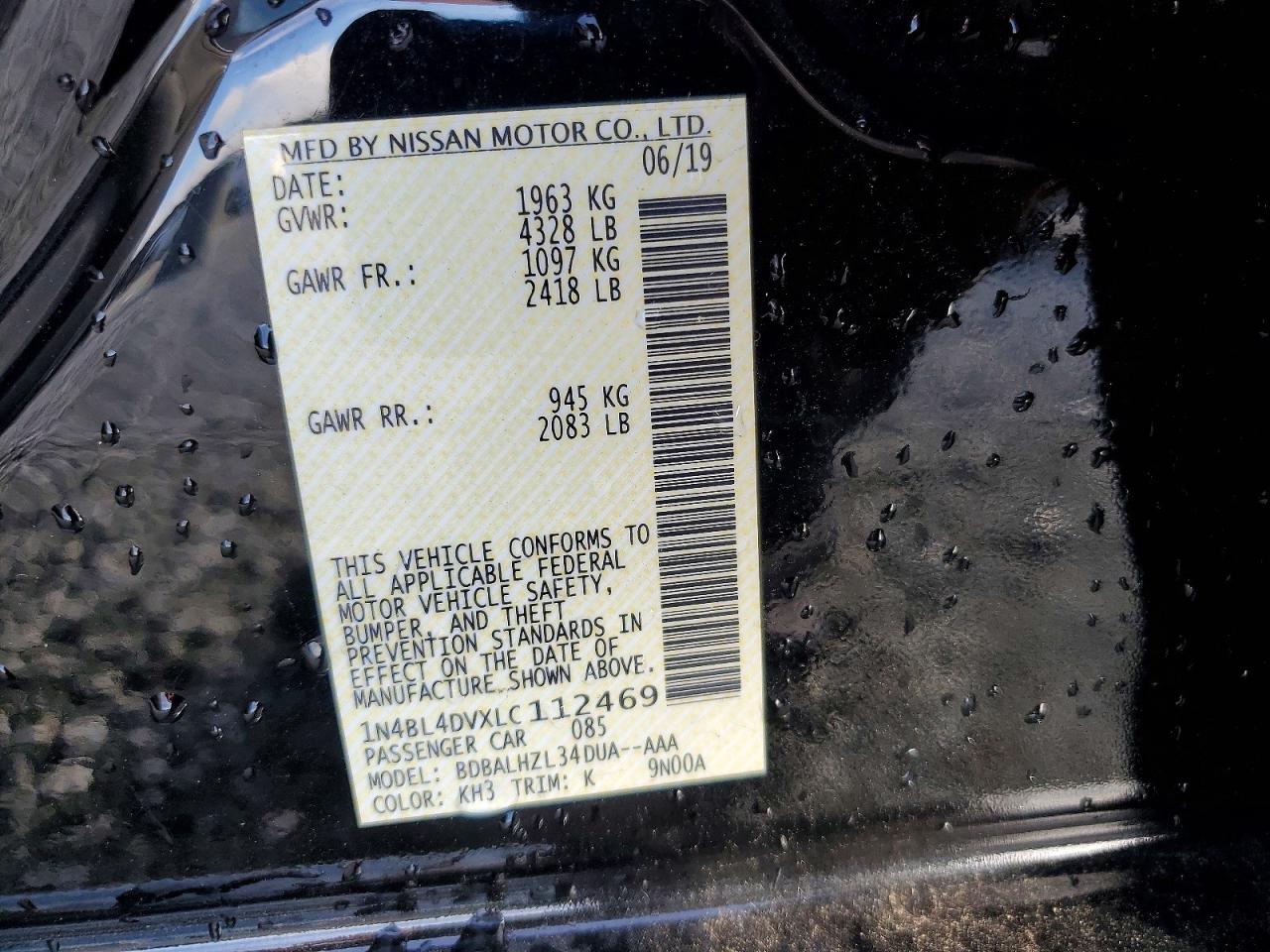 2020 Nissan Altima Sv Black vin: 1N4BL4DVXLC112469
