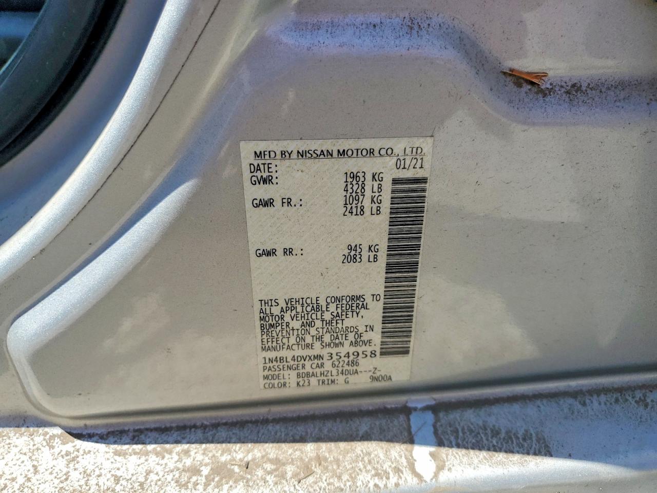 2021 Nissan Altima Sv Silver vin: 1N4BL4DVXMN354958