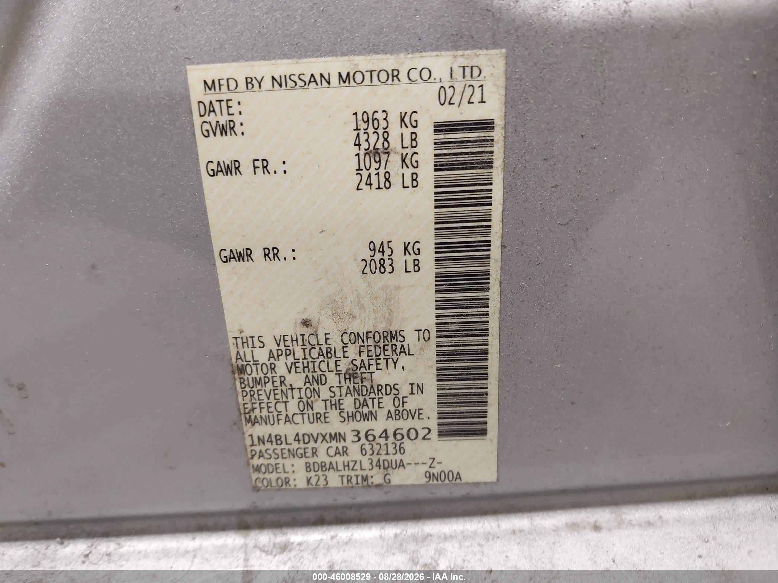 2021 Nissan Altima Sv Fwd Silver vin: 1N4BL4DVXMN364602