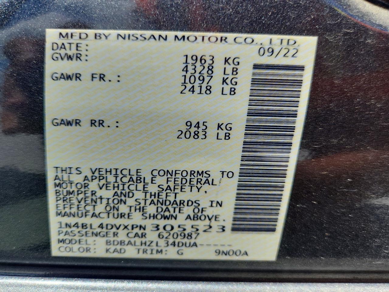 2023 Nissan Altima Sv Gray vin: 1N4BL4DVXPN305523