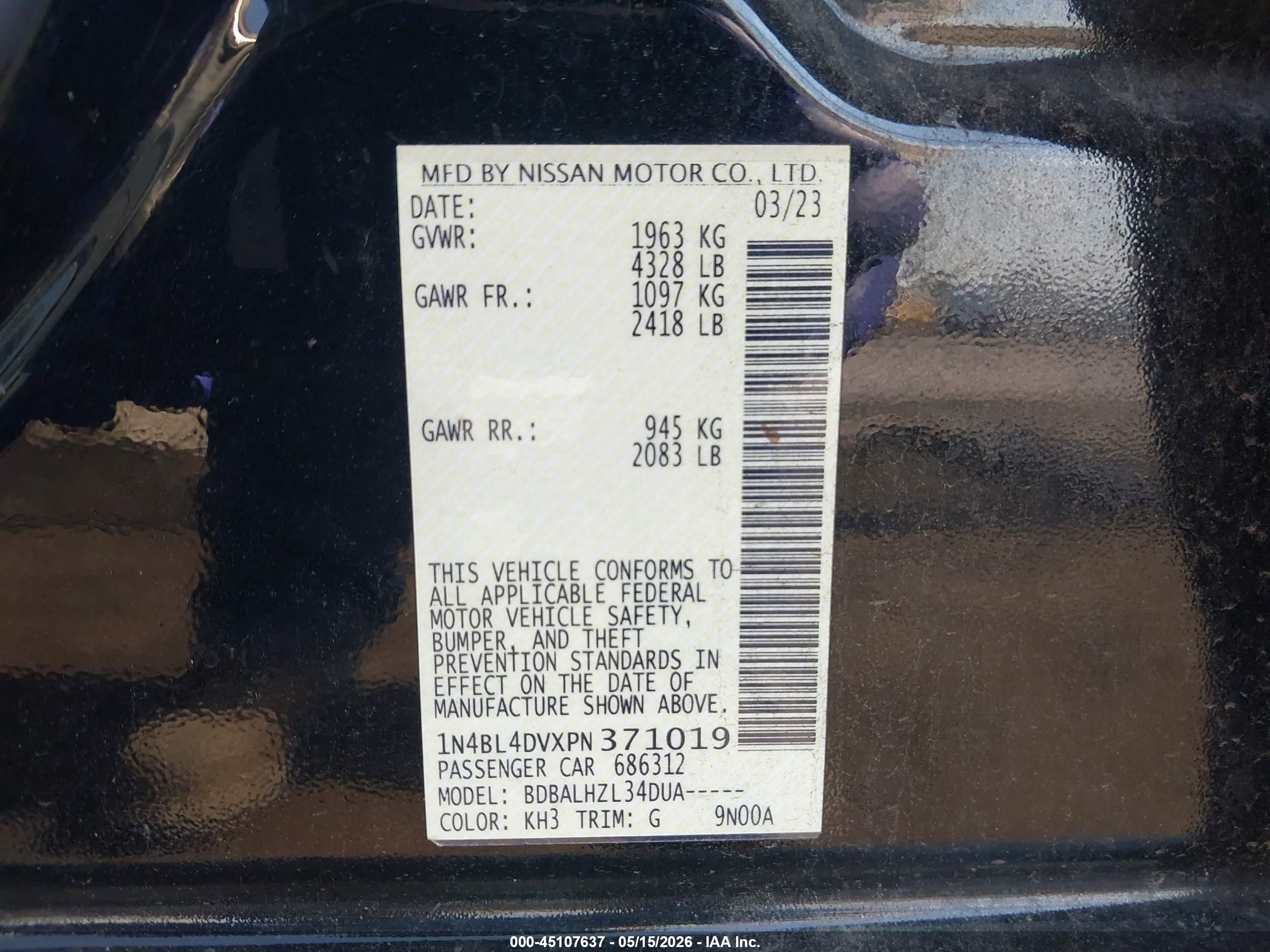 2023 Nissan Altima Sv Fwd Черный vin: 1N4BL4DVXPN371019