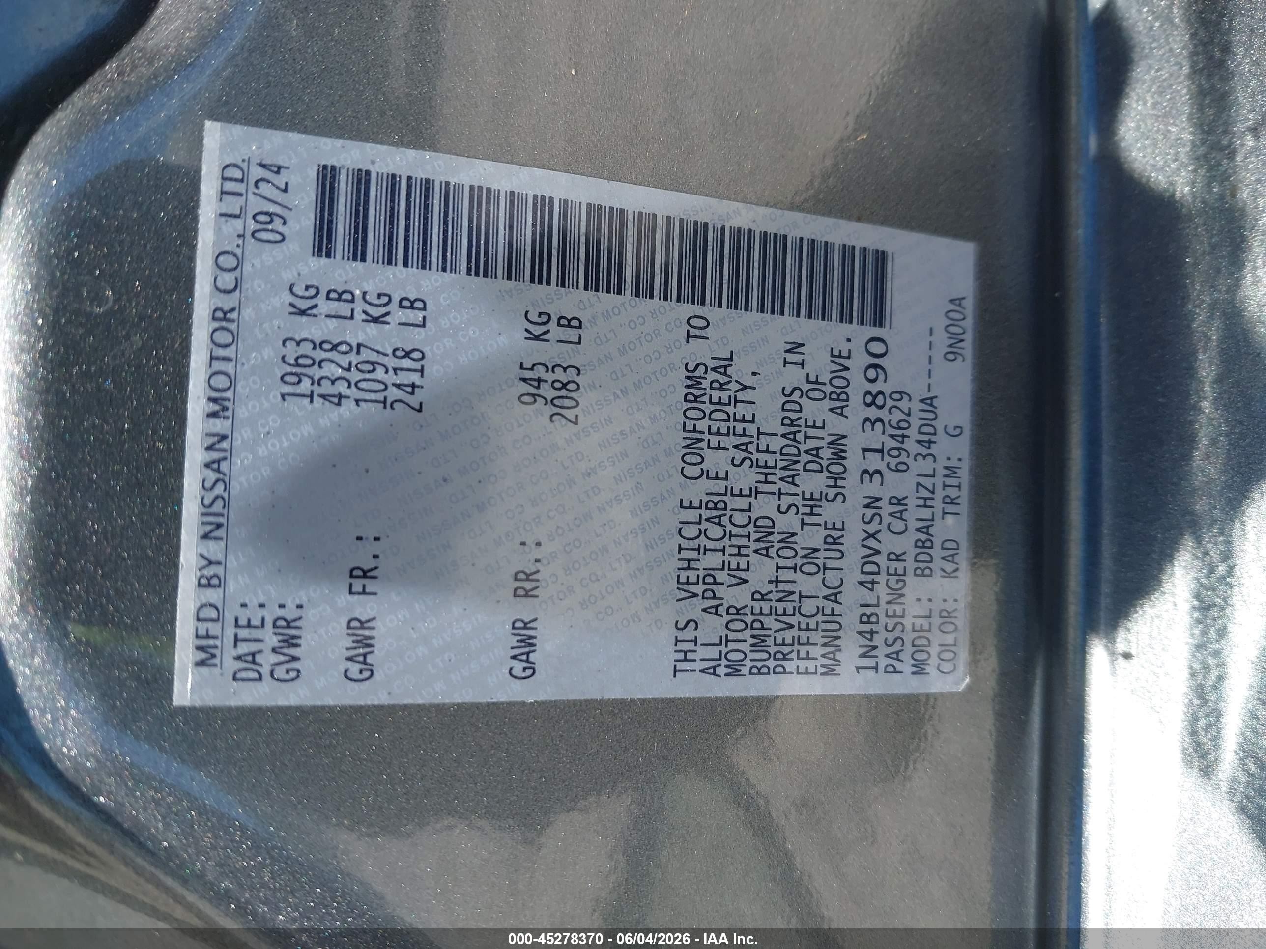 2025 Nissan Altima Sv Fwd Gray vin: 1N4BL4DVXSN313890