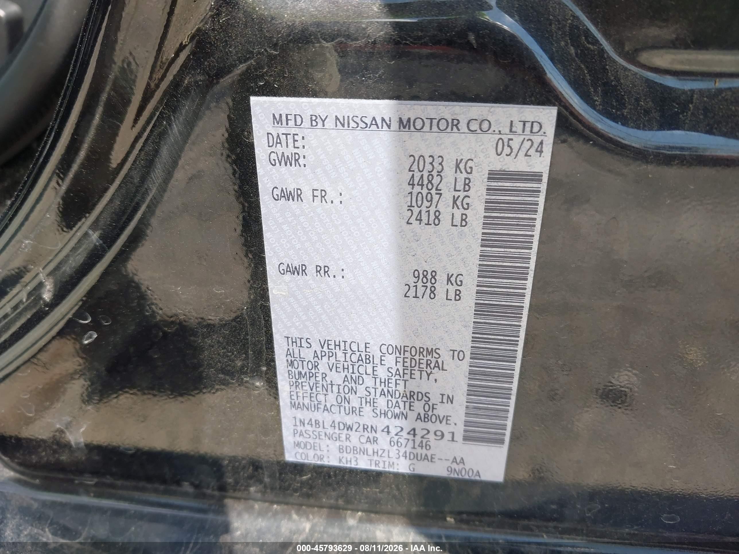 2024 Nissan Altima Sv Intelligent Awd Black vin: 1N4BL4DW2RN424291