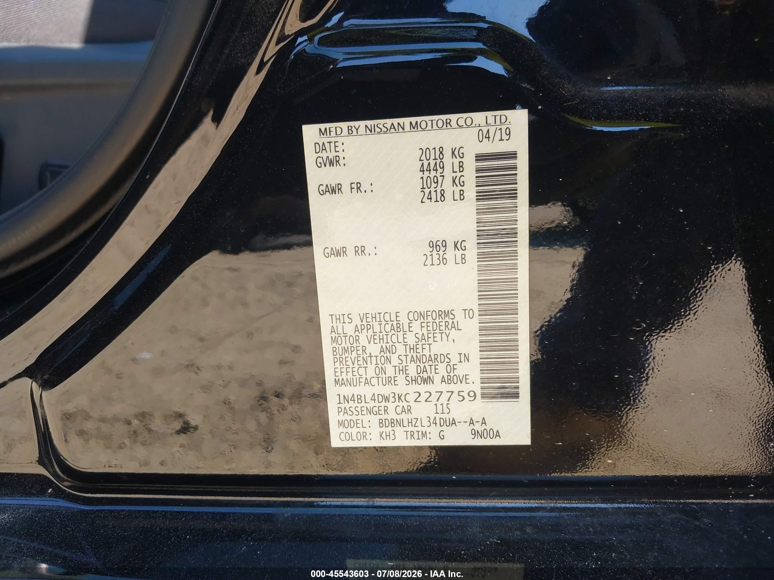 2019 Nissan Altima 2.5 Sv Black vin: 1N4BL4DW3KC227759