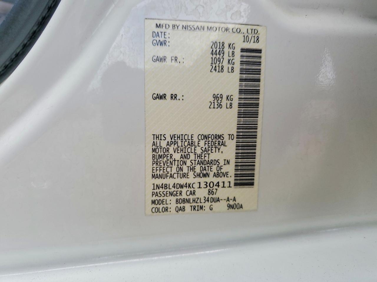 2019 Nissan Altima Sv White vin: 1N4BL4DW4KC130411