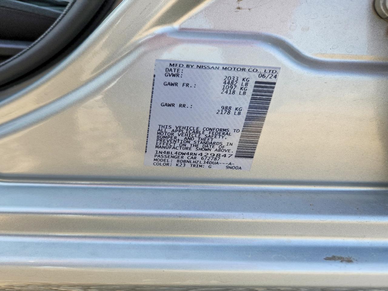 2024 Nissan Altima Sv Silver vin: 1N4BL4DW4RN429847