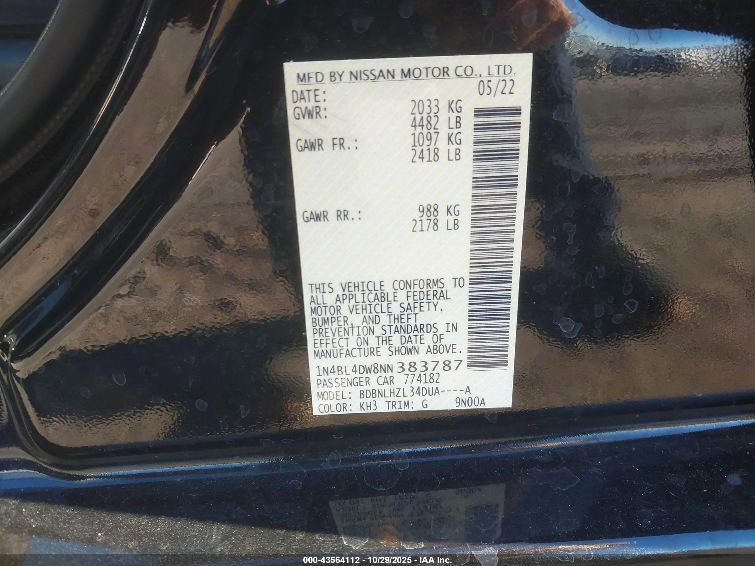 2022 Nissan Altima Sv Intelligent Awd Black vin: 1N4BL4DW8NN383787