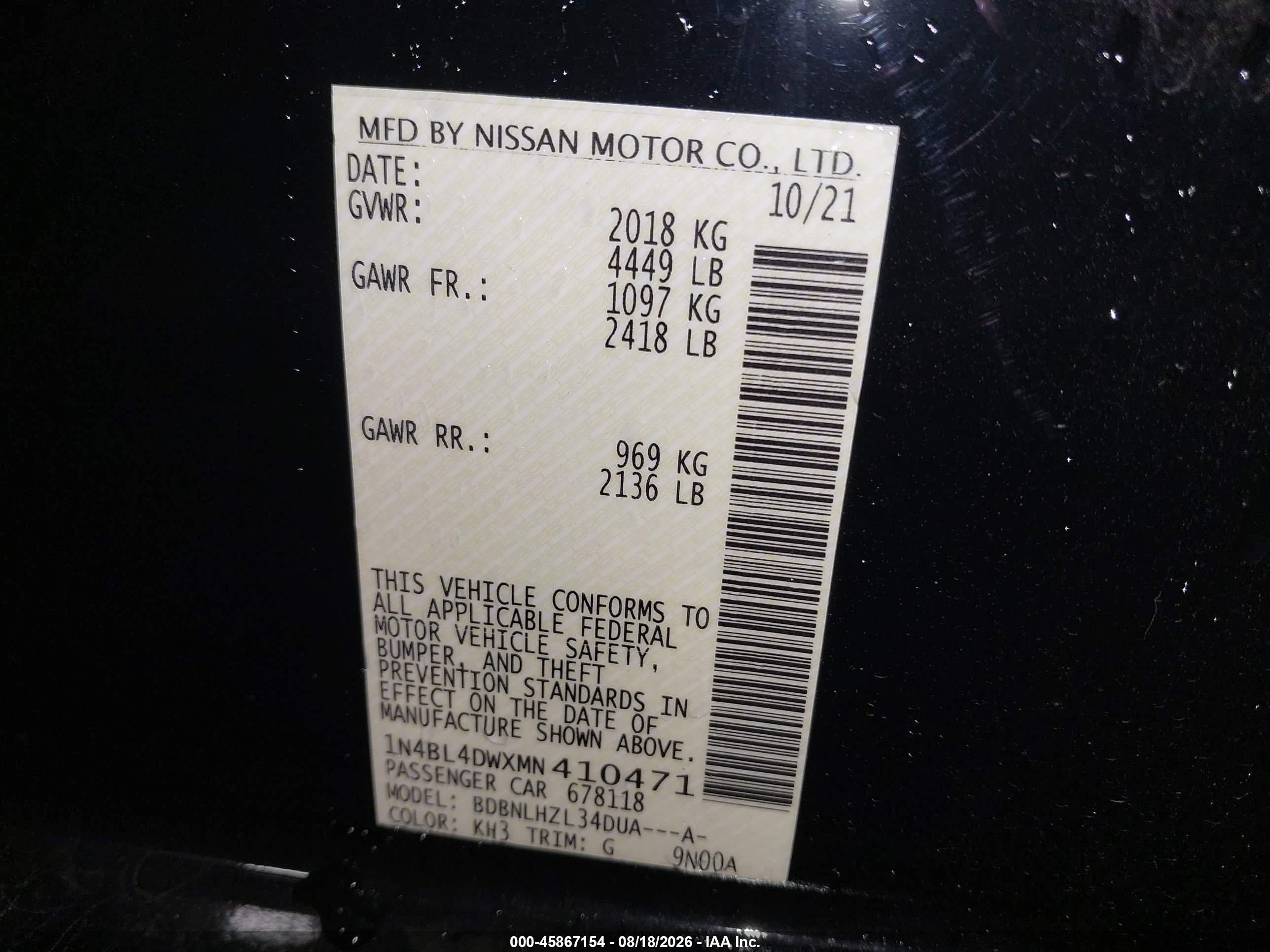 2021 Nissan Altima Sv Intelligent Awd Black vin: 1N4BL4DWXMN410471