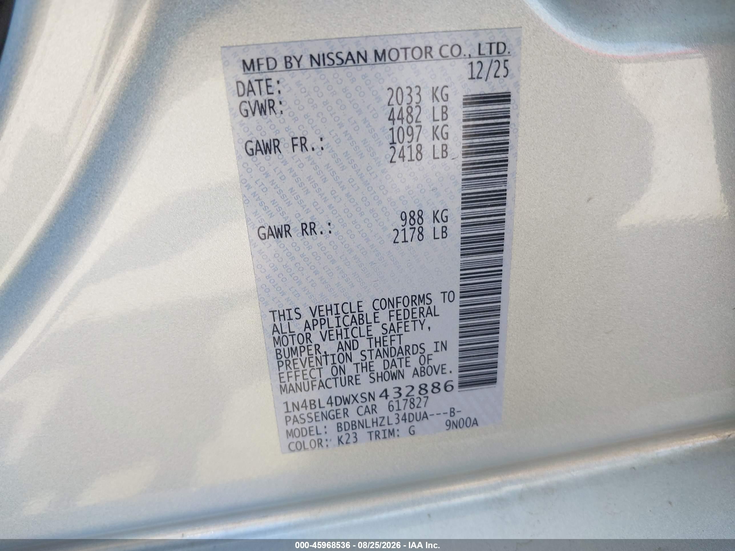 2025 Nissan Altima Sv Awd Silver vin: 1N4BL4DWXSN432886
