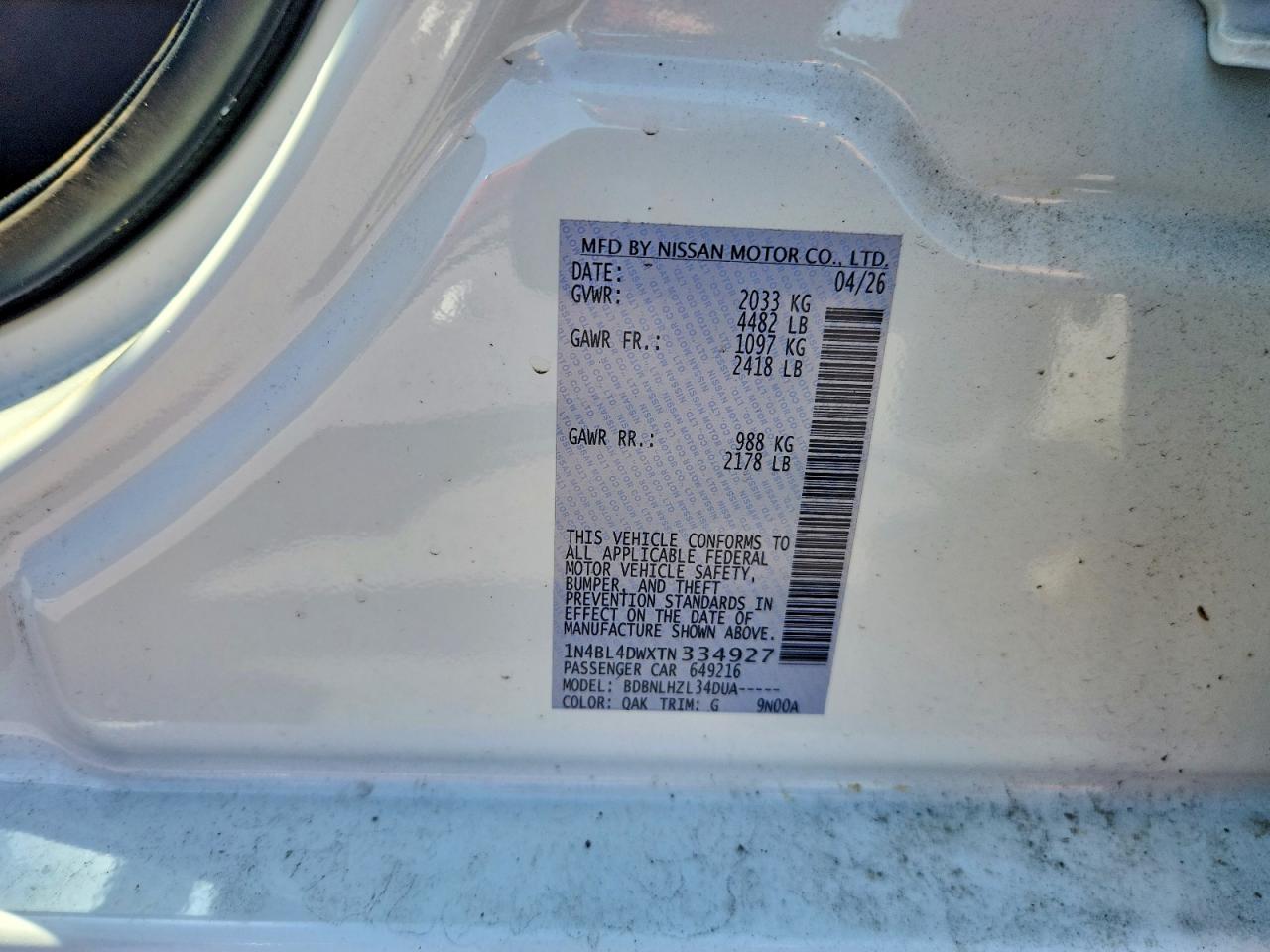 2026 Nissan Altima Sv White vin: 1N4BL4DWXTN334927