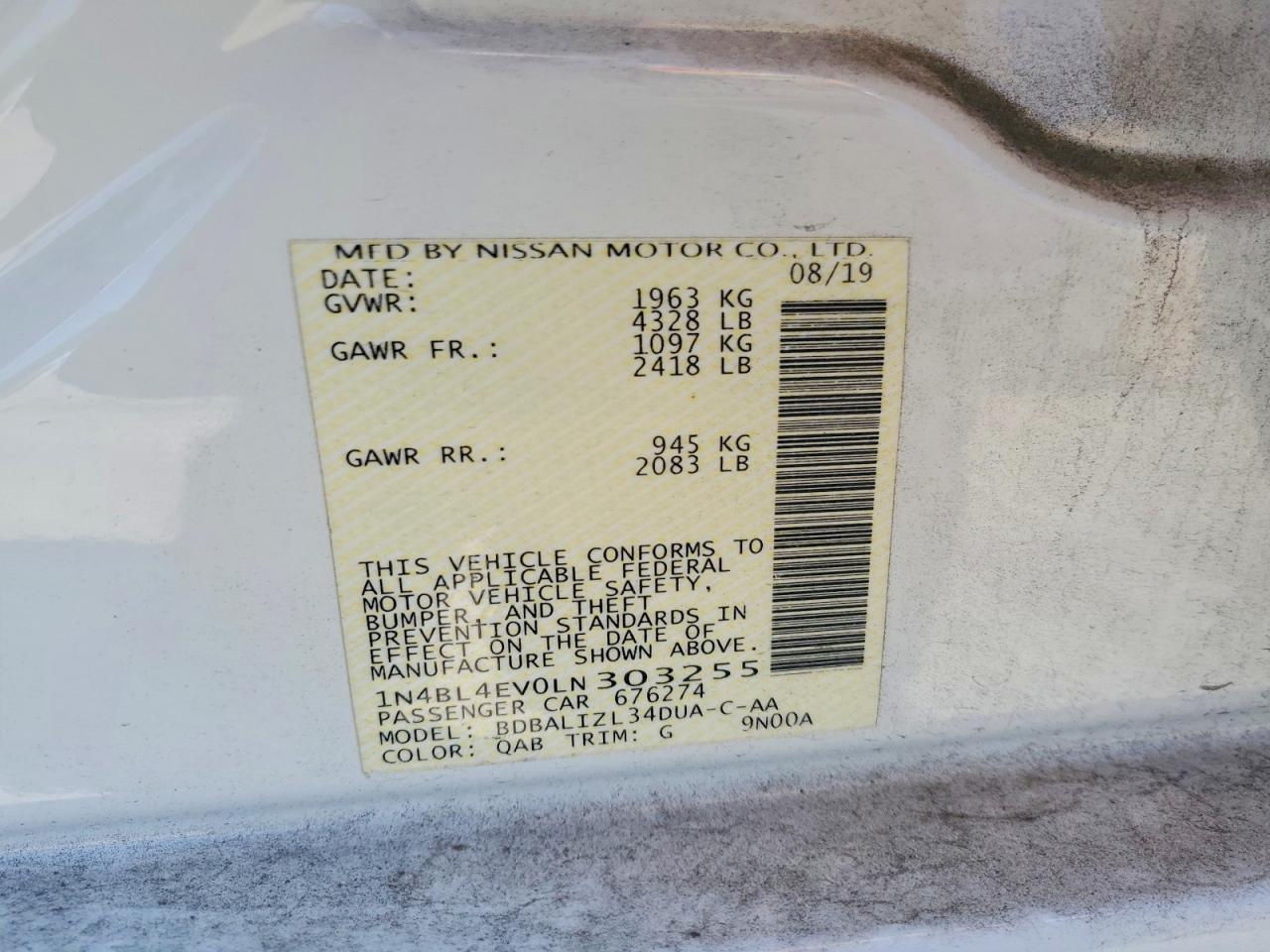 2020 Nissan Altima Sl White vin: 1N4BL4EV0LN303255