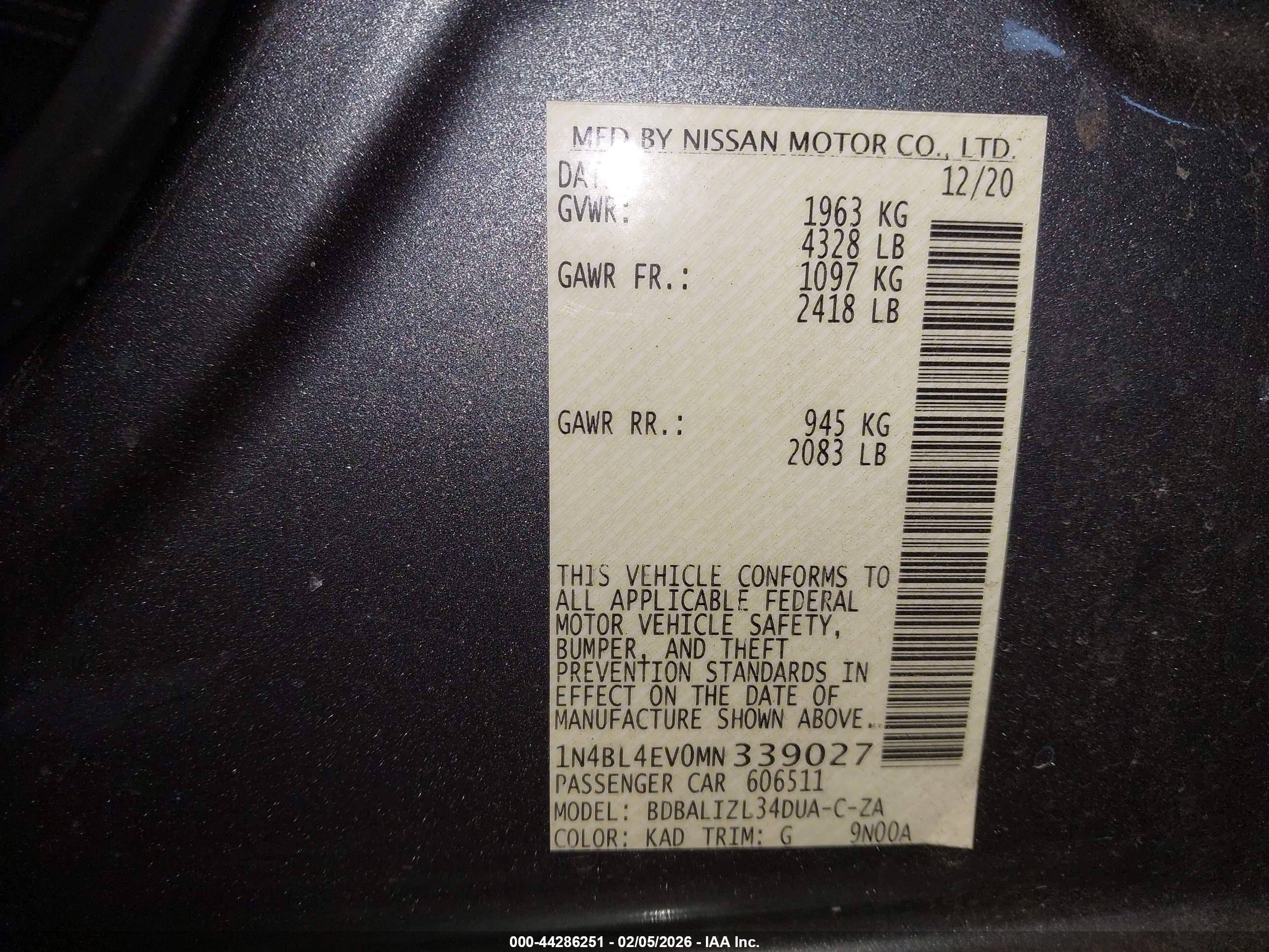 2021 Nissan Altima Sl Fwd Gray vin: 1N4BL4EV0MN339027
