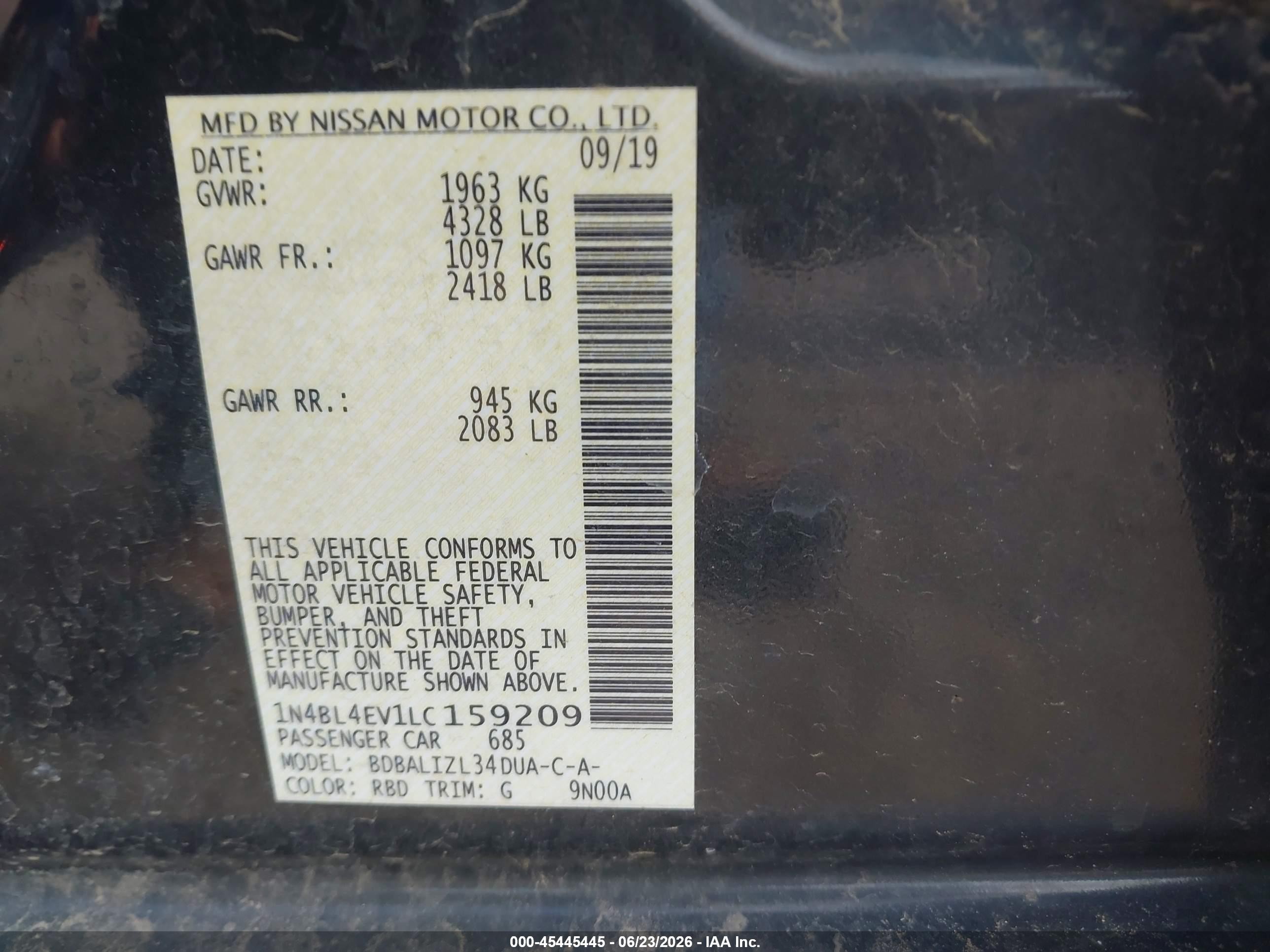 2020 Nissan Altima Sl Fwd Black vin: 1N4BL4EV1LC159209