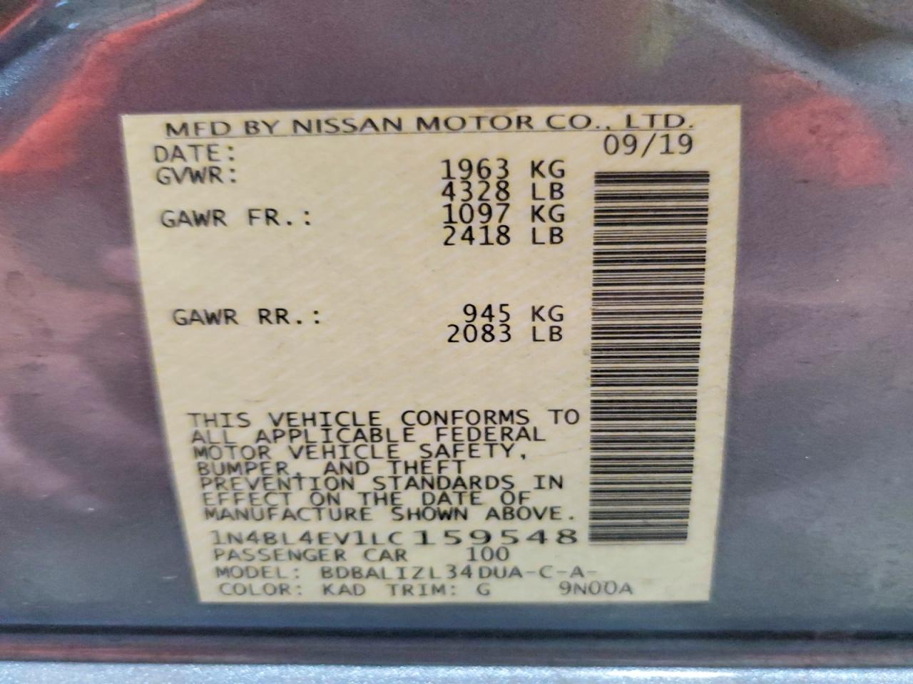 2020 Nissan Altima Sl Серый vin: 1N4BL4EV1LC159548