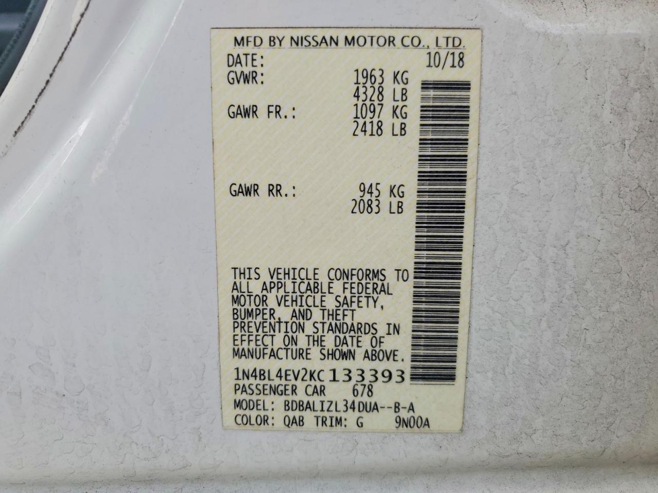 2019 Nissan Altima Sl White vin: 1N4BL4EV2KC133393