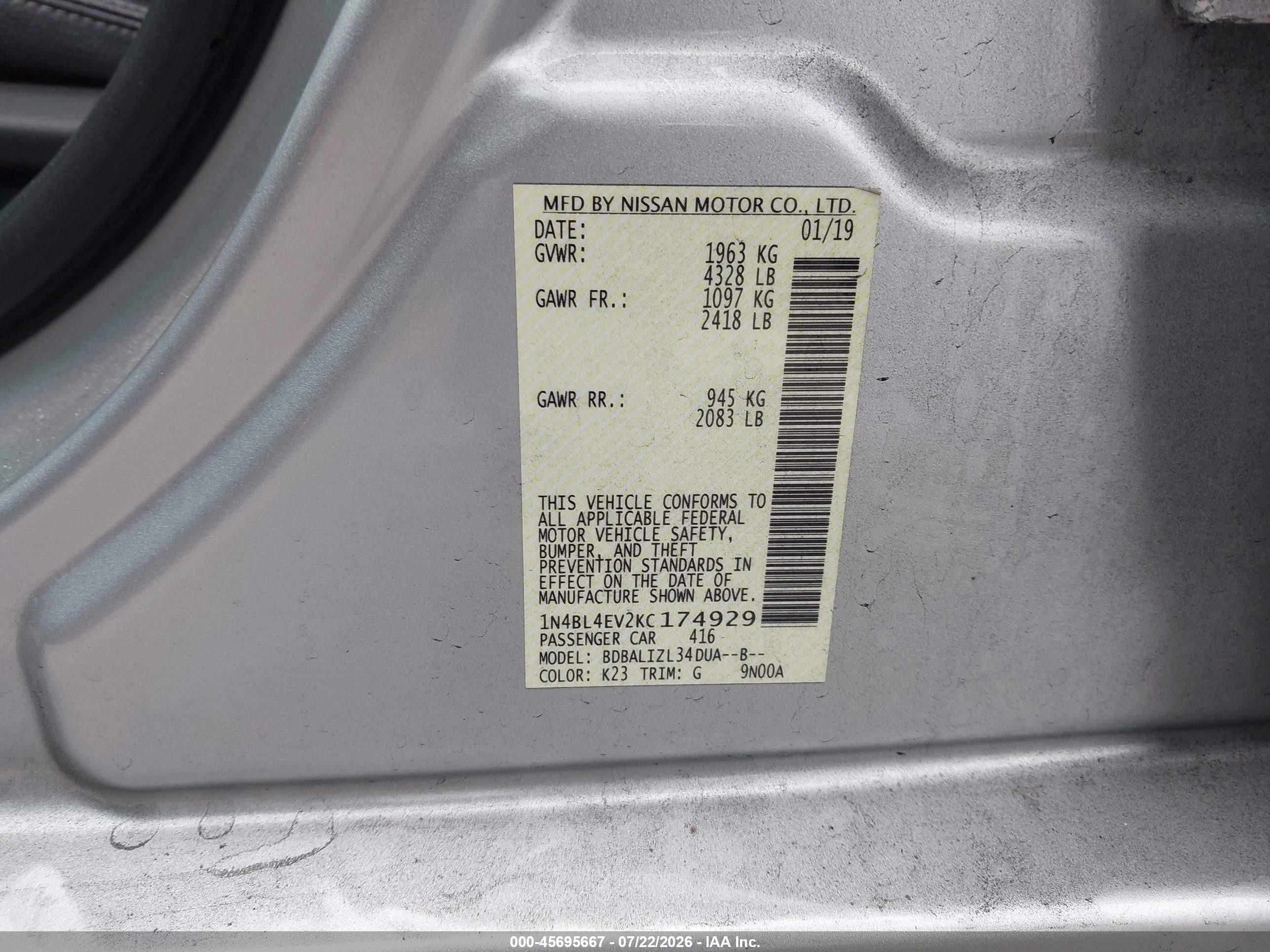 2019 Nissan Altima 2.5 Sl Silver vin: 1N4BL4EV2KC174929
