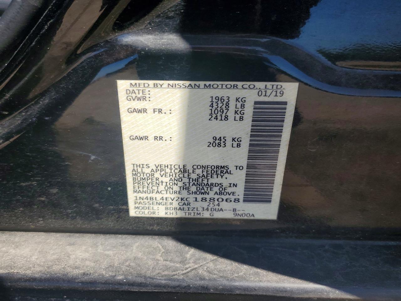 2019 Nissan Altima Sl Black vin: 1N4BL4EV2KC188068
