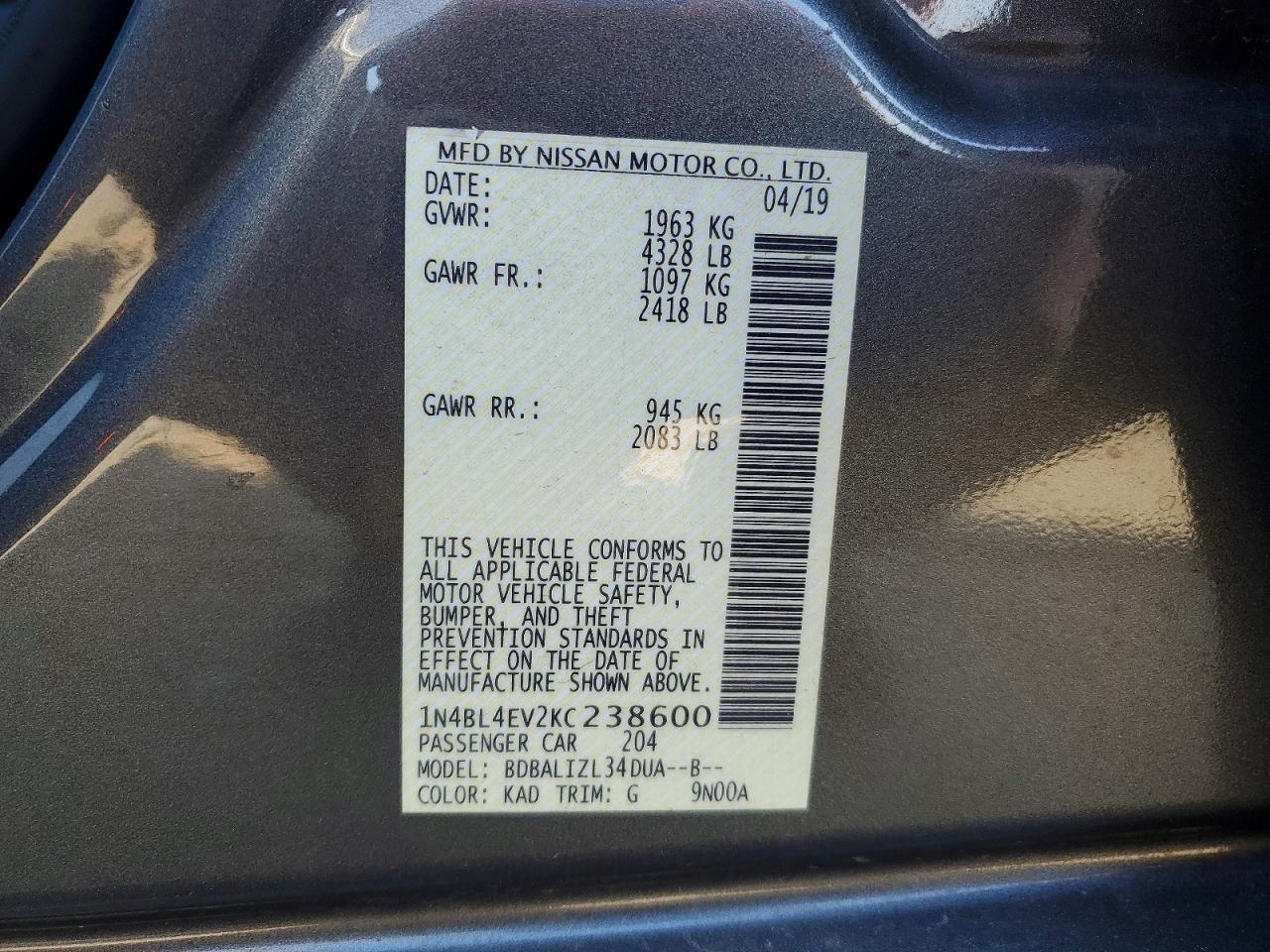 2019 Nissan Altima 2.5 Sl Gray vin: 1N4BL4EV2KC238600