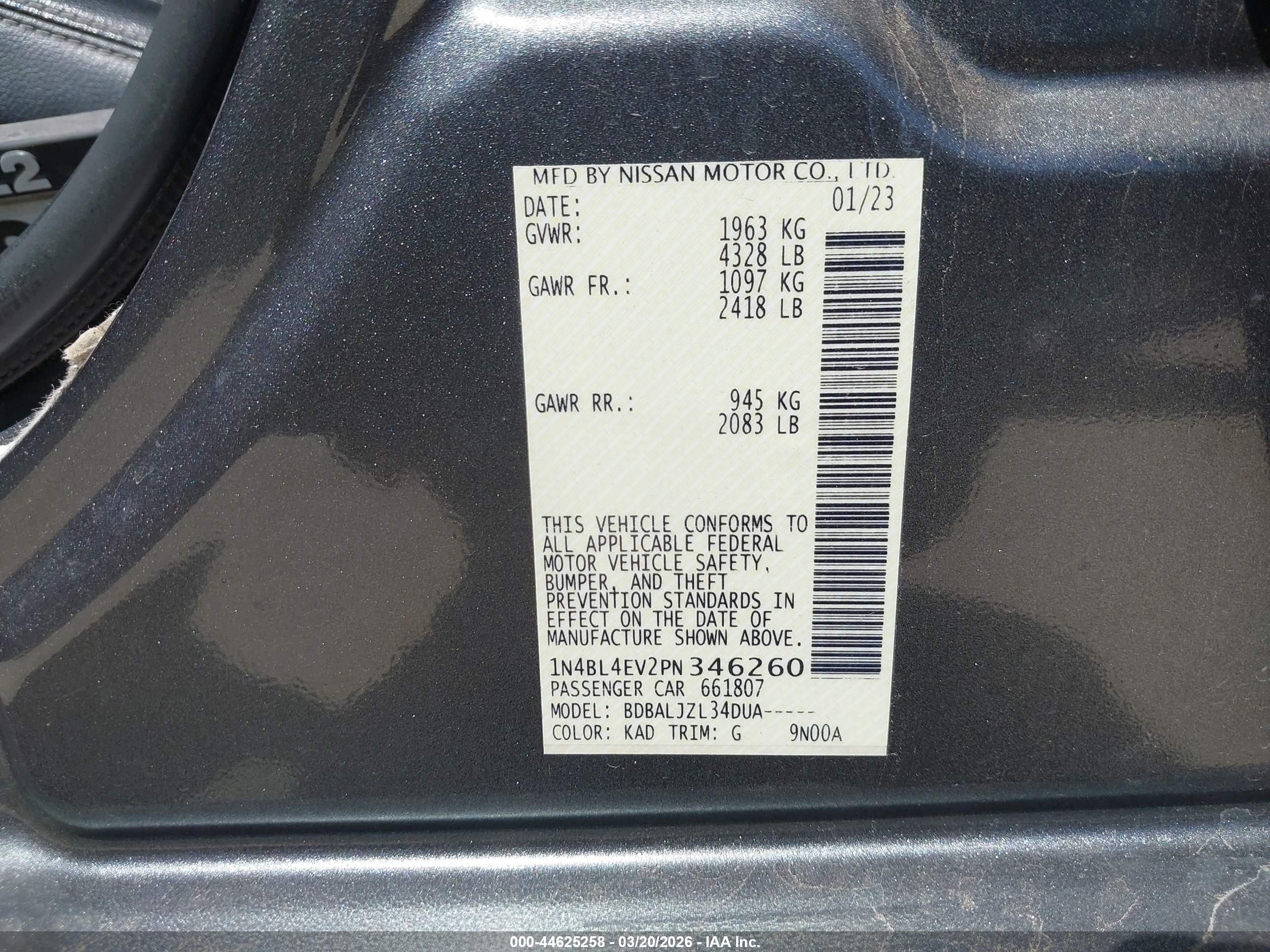 2023 Nissan Altima Sl Fwd Gray vin: 1N4BL4EV2PN346260