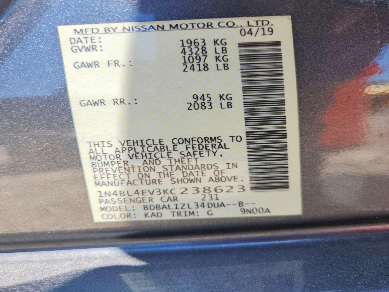 2019 Nissan Altima Sl Charcoal vin: 1N4BL4EV3KC238623
