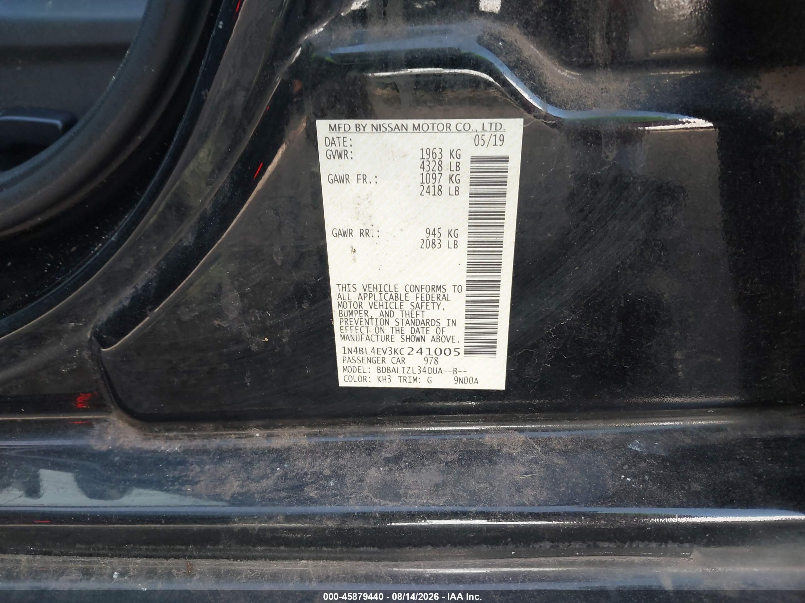 2019 Nissan Altima 2.5 Sl Black vin: 1N4BL4EV3KC241005