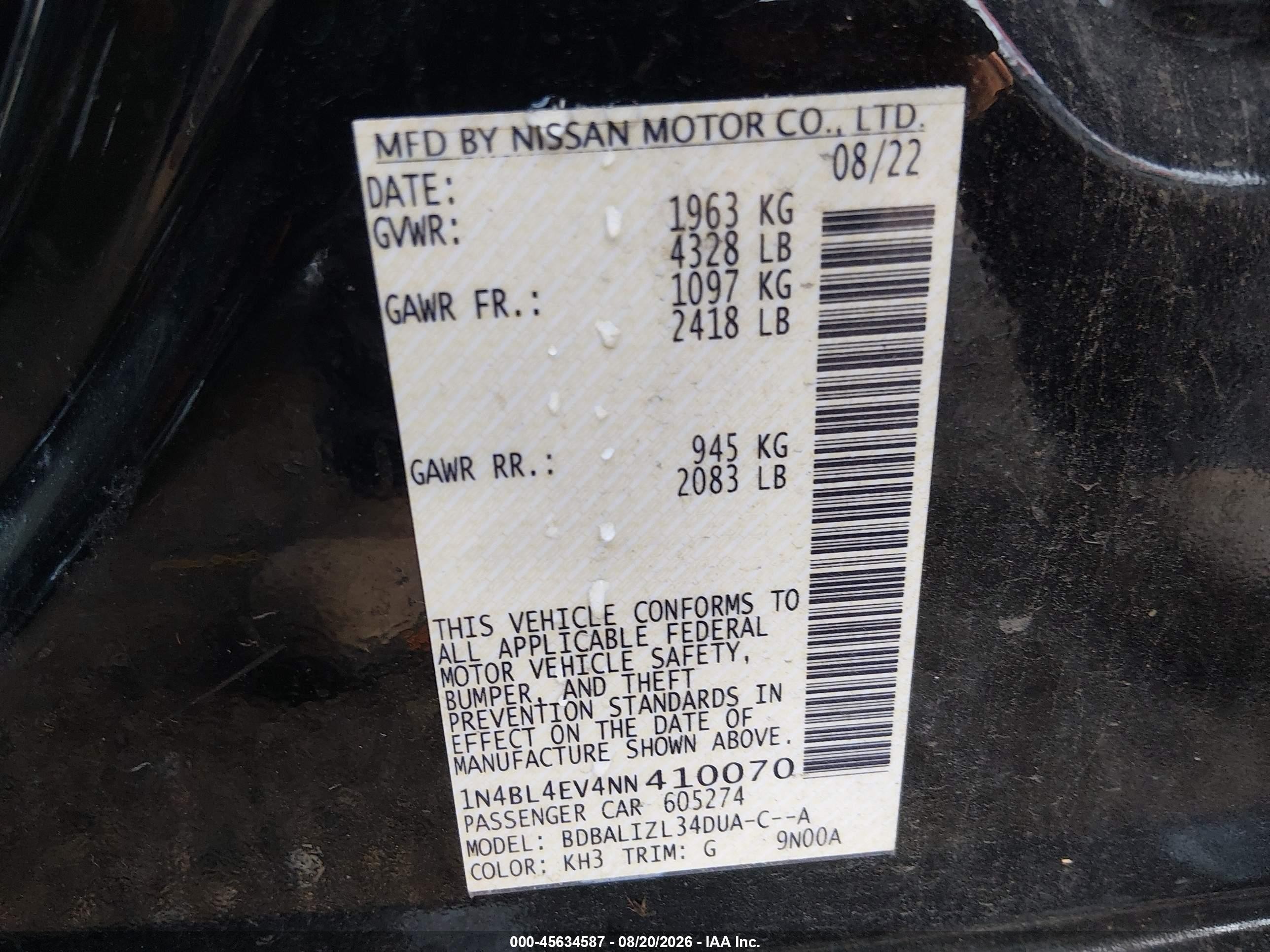 2022 Nissan Altima Sl Fwd Black vin: 1N4BL4EV4NN410070