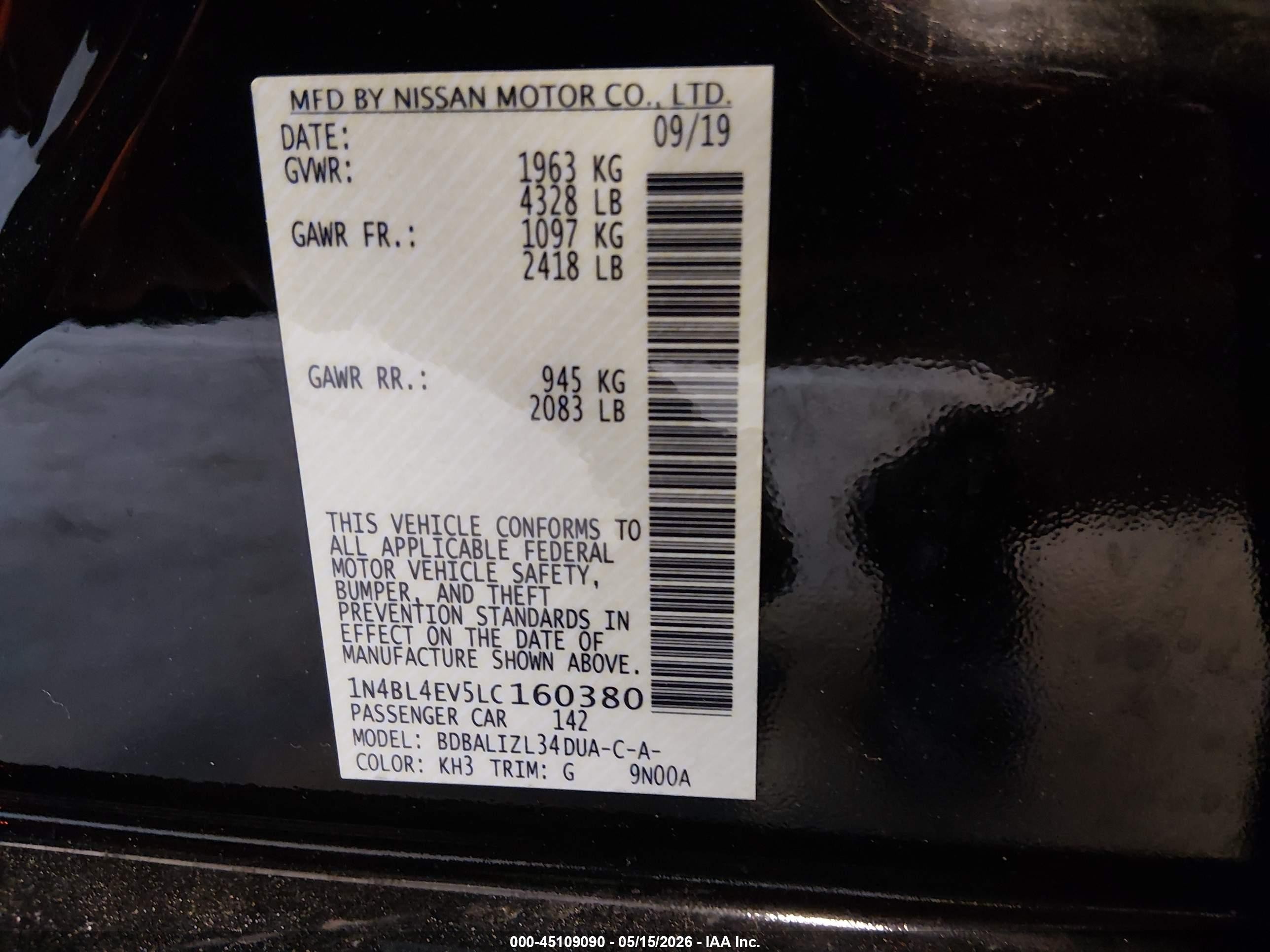 2020 Nissan Altima Sl Fwd Черный vin: 1N4BL4EV5LC160380