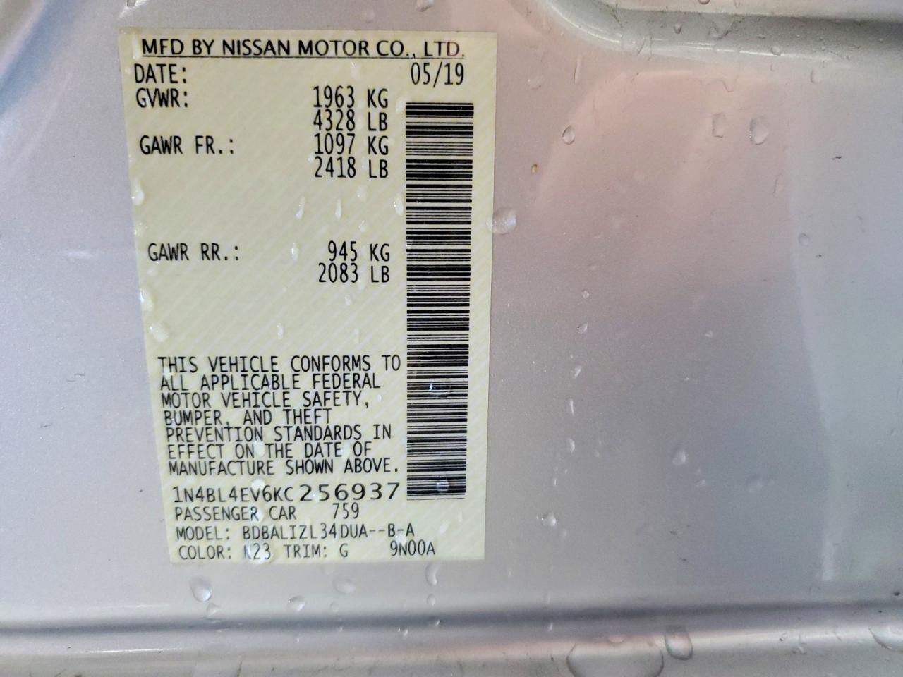 2019 Nissan Altima 2.5 Sl Silver vin: 1N4BL4EV6KC256937