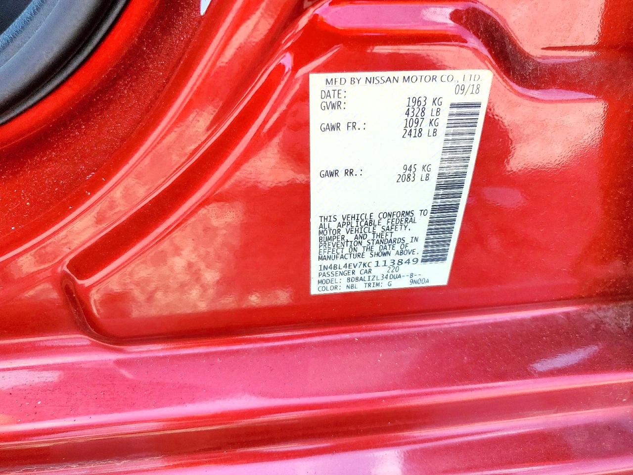 2019 Nissan Altima Red vin: 1N4BL4EV7KC113849