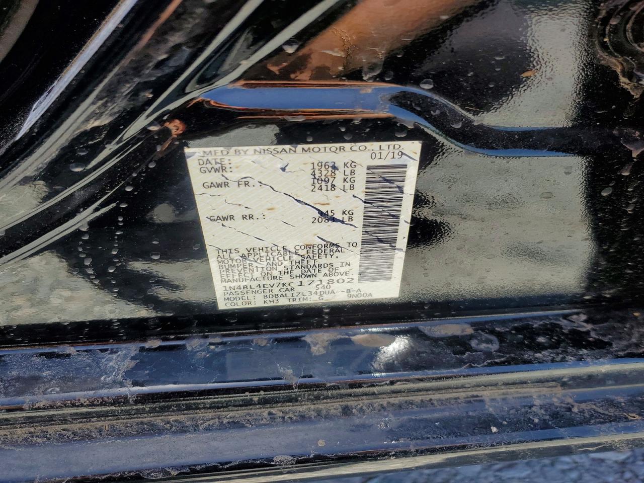 2019 Nissan Altima Sl Black vin: 1N4BL4EV7KC171802