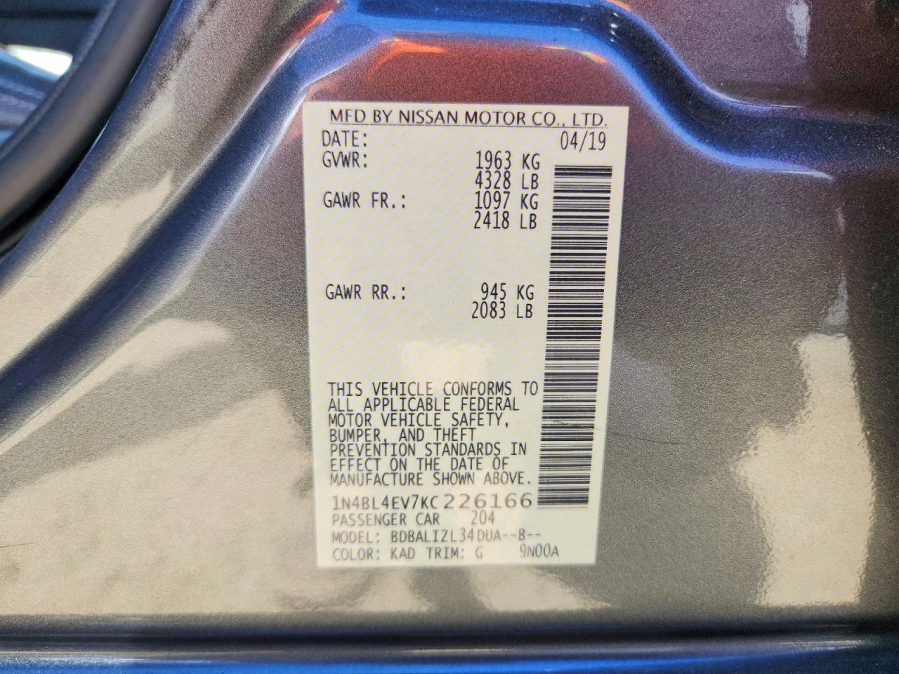 2019 Nissan Altima Sl Gray vin: 1N4BL4EV7KC226166