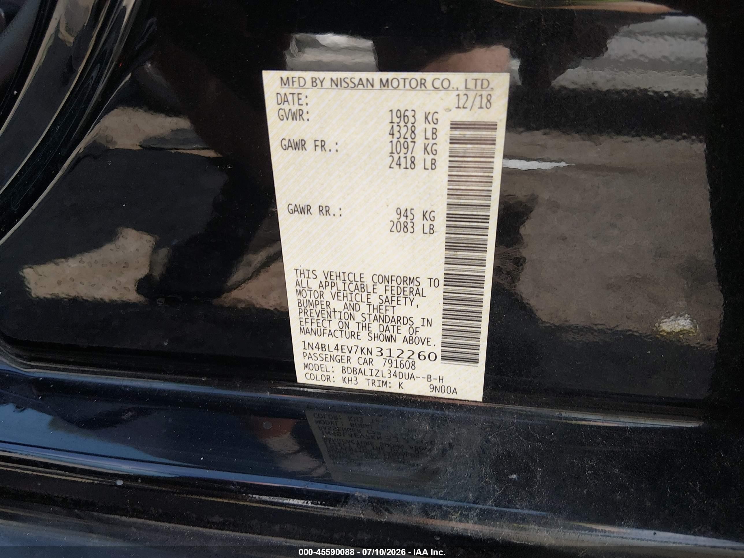 2019 Nissan Altima 2.5 Sl Black vin: 1N4BL4EV7KN312260