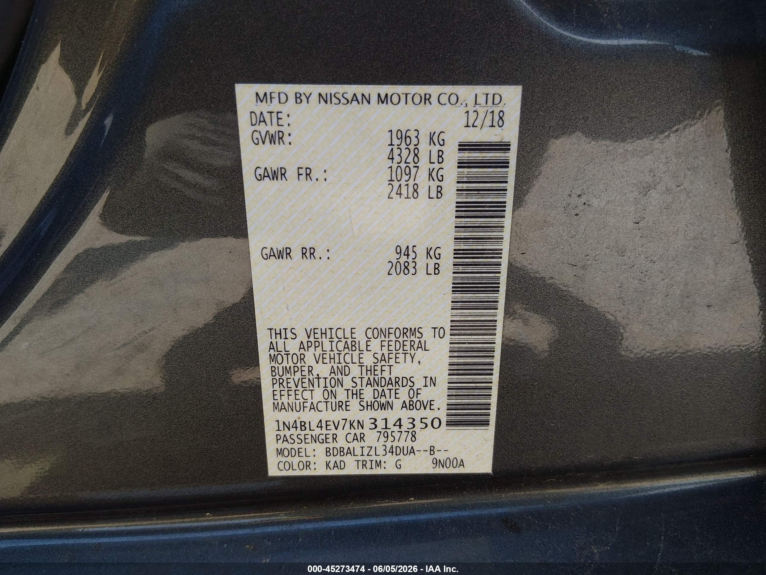 2019 Nissan Altima 2.5 Sl Gray vin: 1N4BL4EV7KN314350