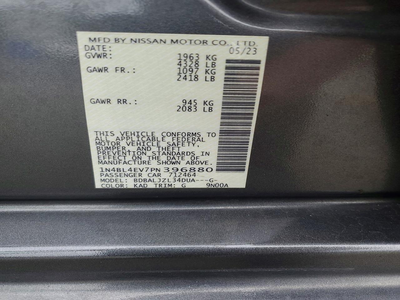 2023 Nissan Altima Sl Gray vin: 1N4BL4EV7PN396880