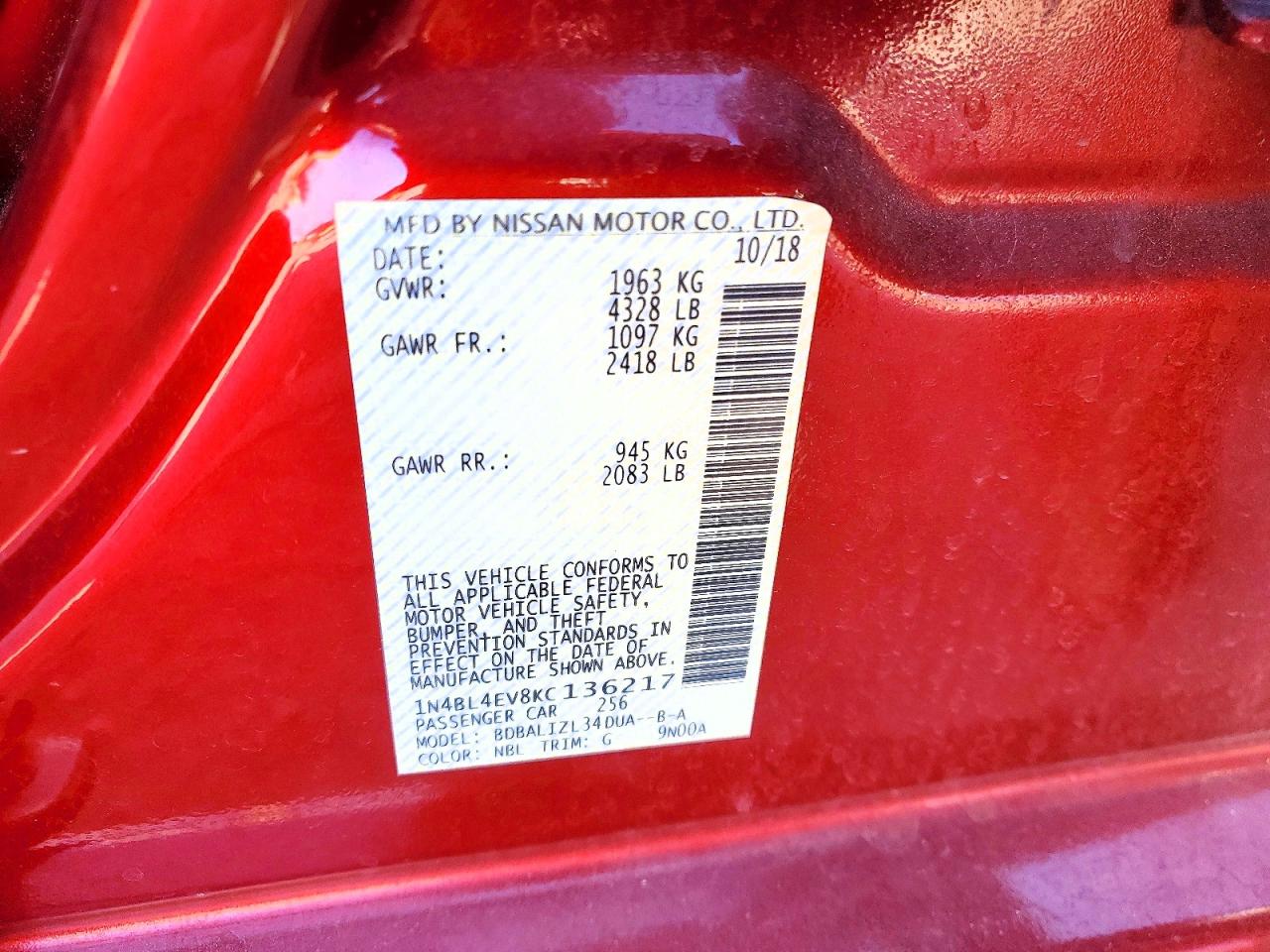 2019 Nissan Altima 2.5 Sl Red vin: 1N4BL4EV8KC136217