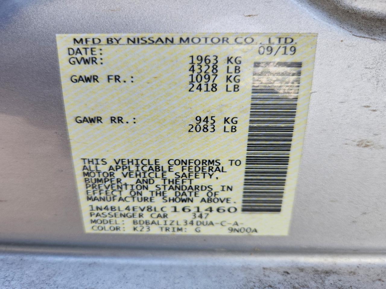 2020 Nissan Altima Sl Silver vin: 1N4BL4EV8LC161460