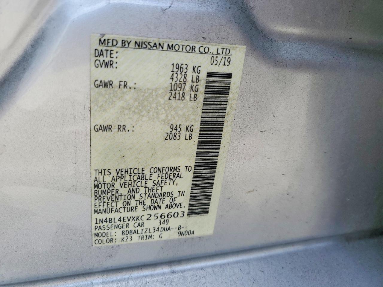 2019 Nissan Altima Sl Silver vin: 1N4BL4EVXKC256603