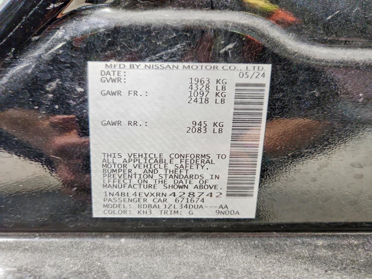 2024 Nissan Altima 2.5 Sl Black vin: 1N4BL4EVXRN428742