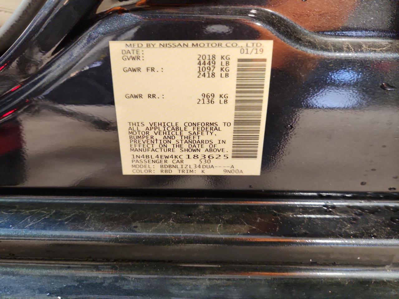 2019 Nissan Altima Sl Charcoal vin: 1N4BL4EW4KC183625