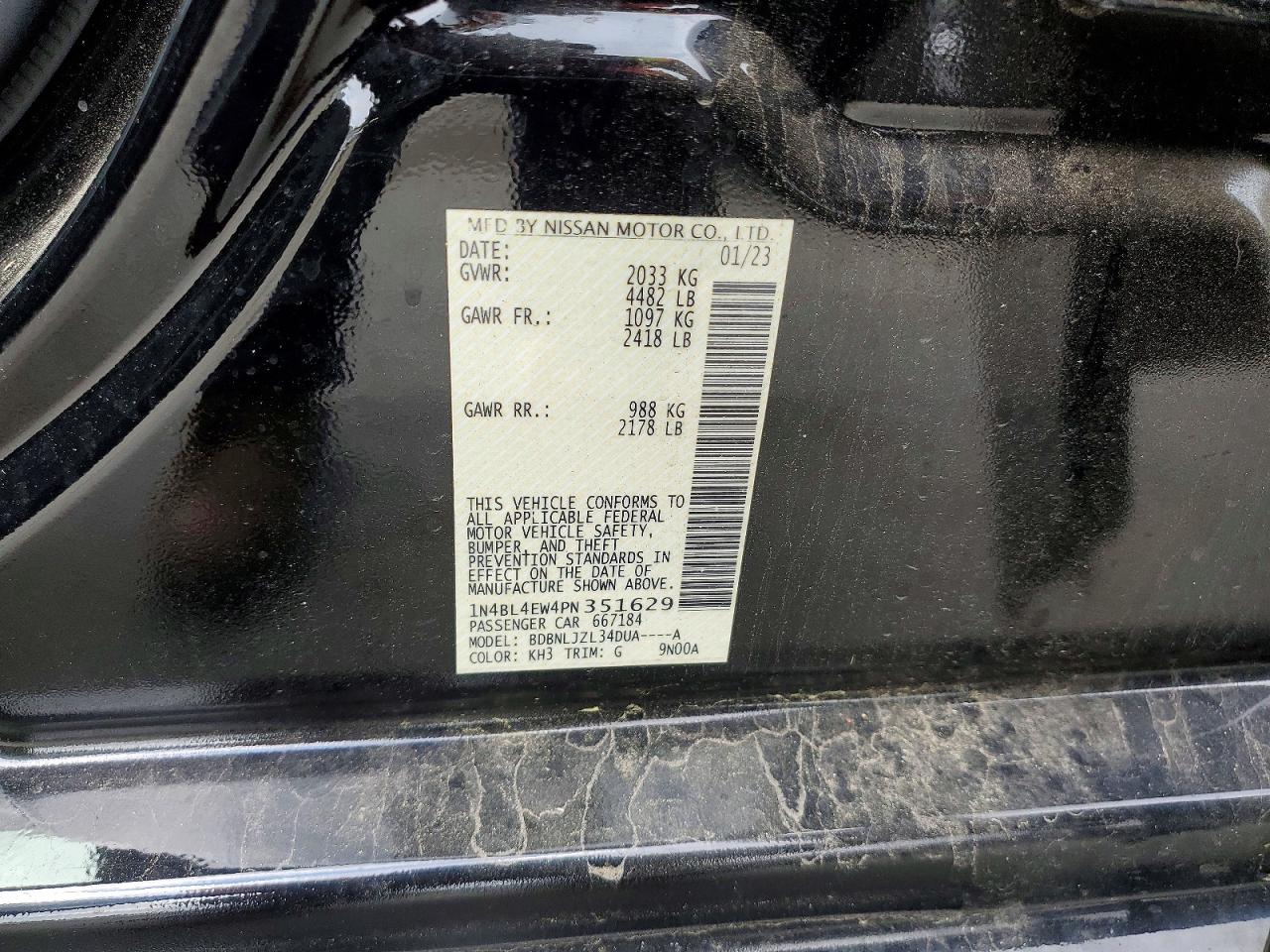 2023 Nissan Altima Sl Black vin: 1N4BL4EW4PN351629