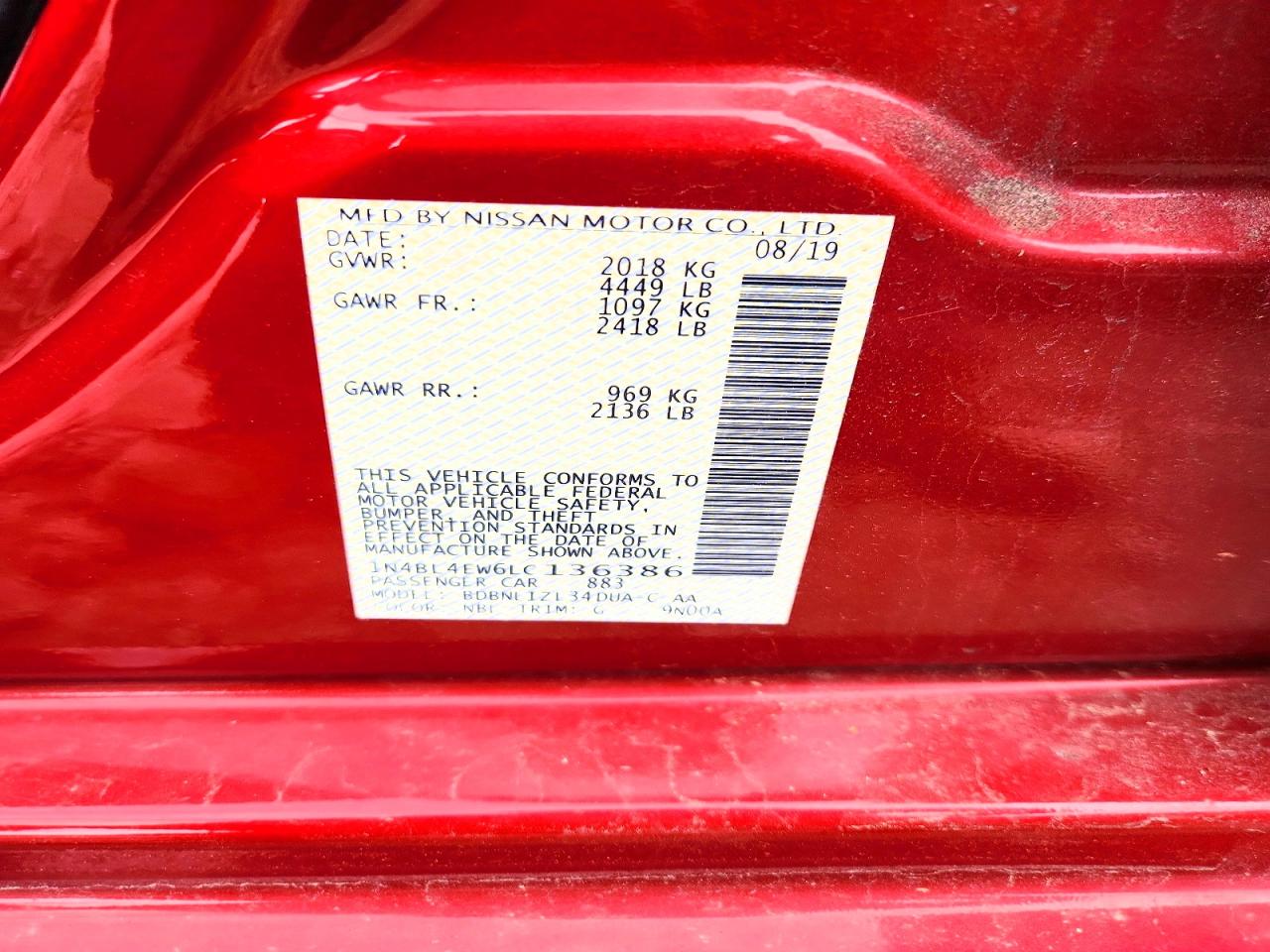 2020 Nissan Altima Sl Red vin: 1N4BL4EW6LC136386