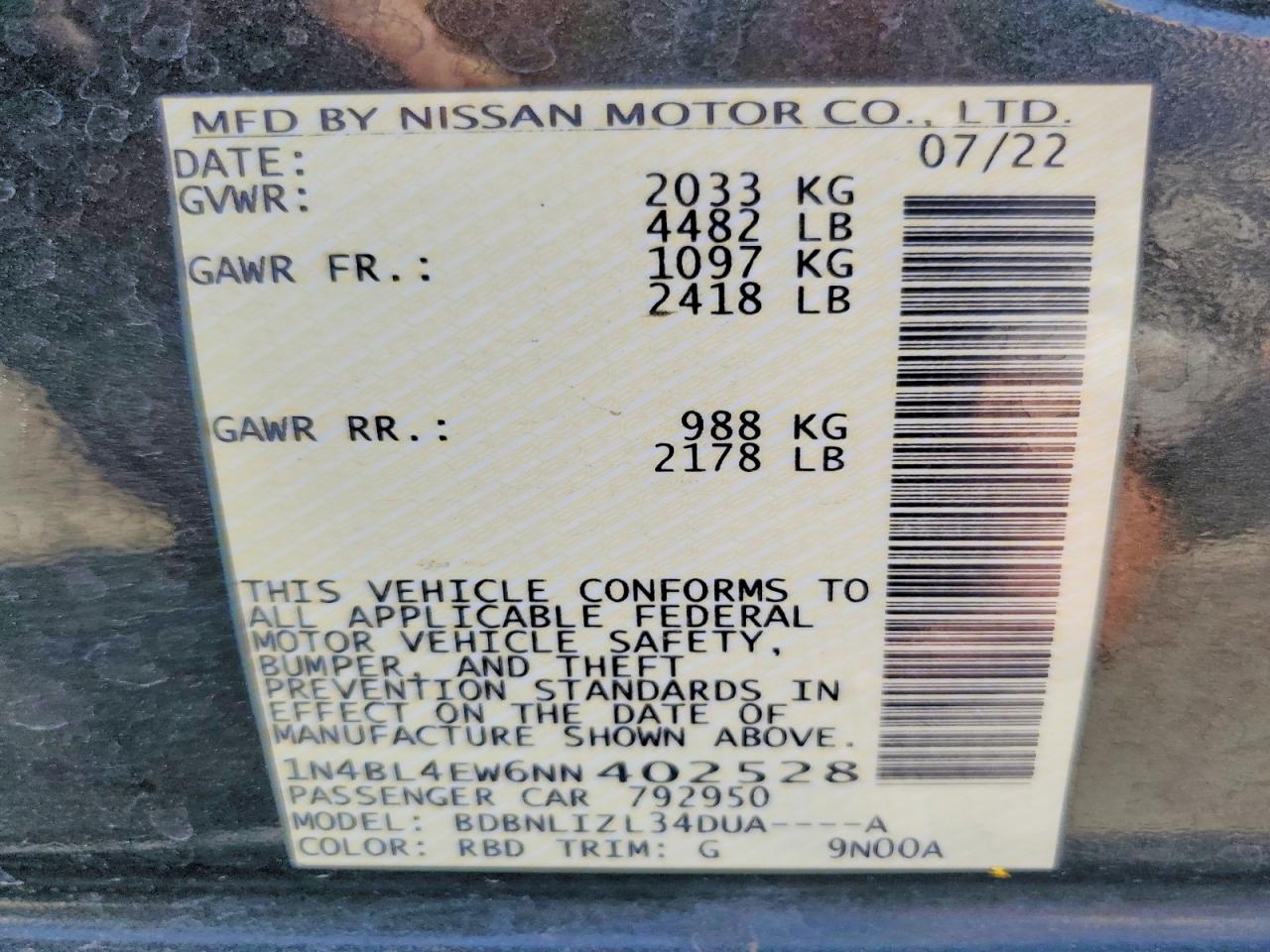 2022 Nissan Altima Sl Charcoal vin: 1N4BL4EW6NN402528